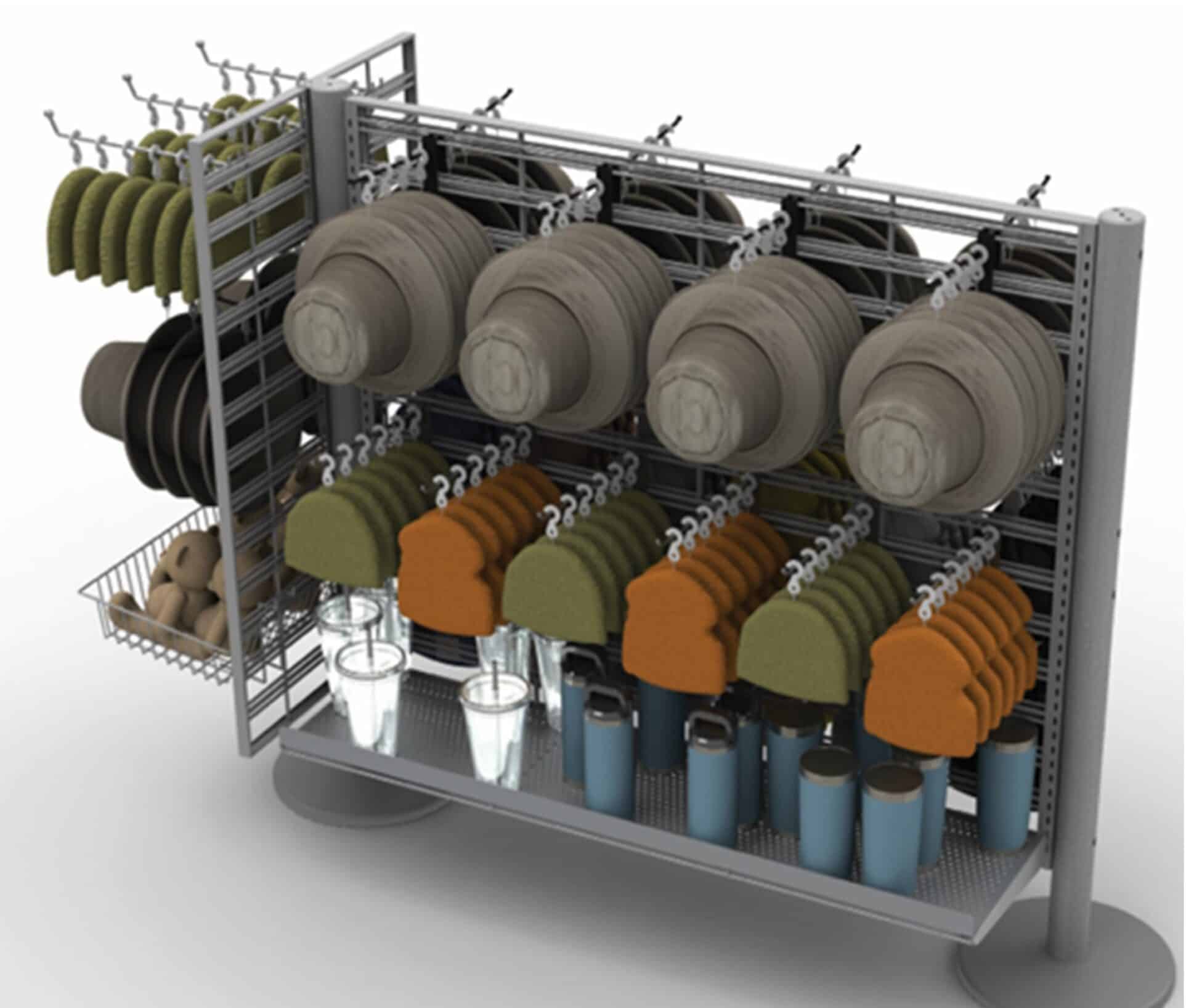 in-queue setup with baskets, hooks, shelves